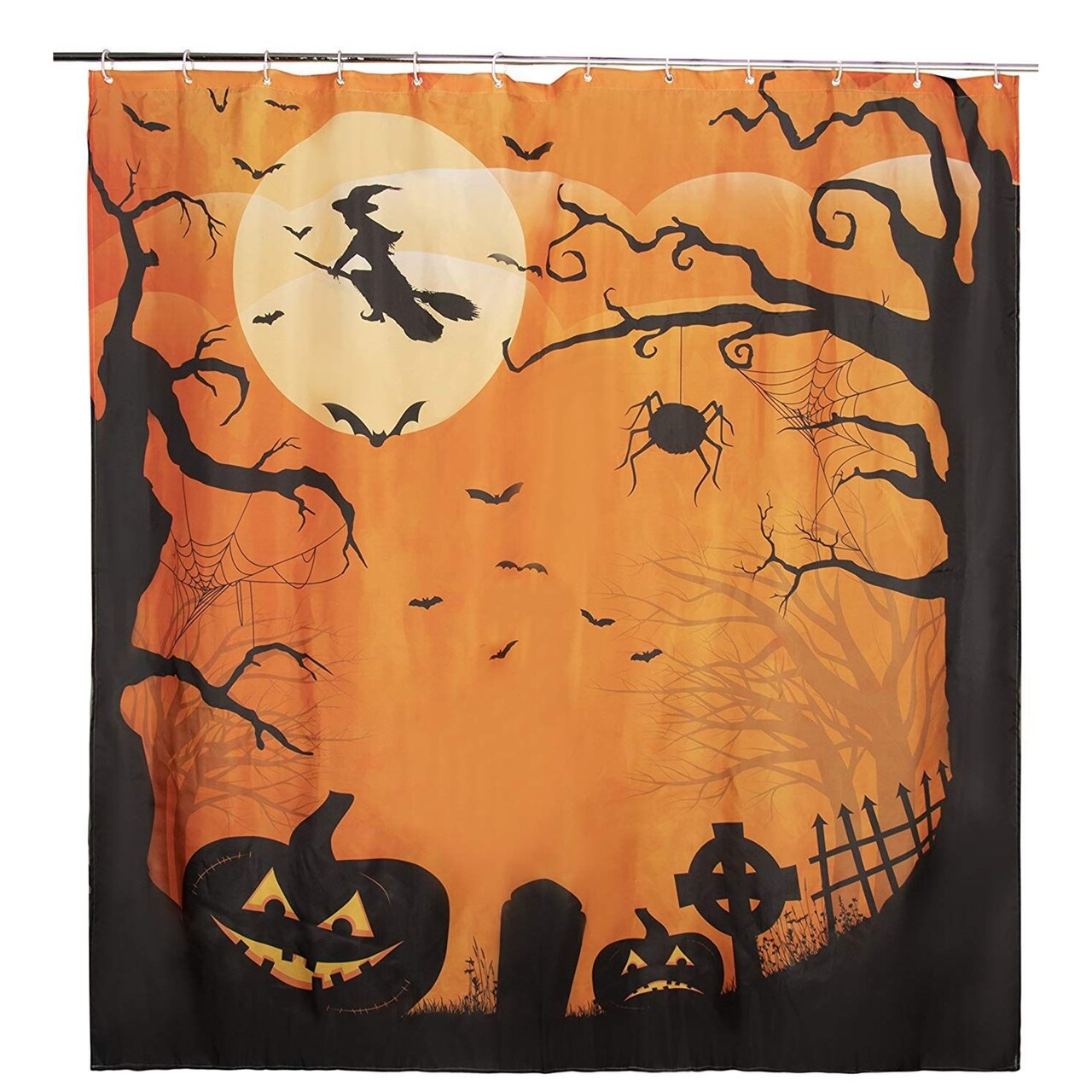 Juvale Halloween Bathroom Shower Curtain with Hooks, Spooky Curtain with Full Moon, Witches, Bats, Gnarled Trees, Gravestones and Pumpkins Design (Orange, Black, 72 x 72 In)
